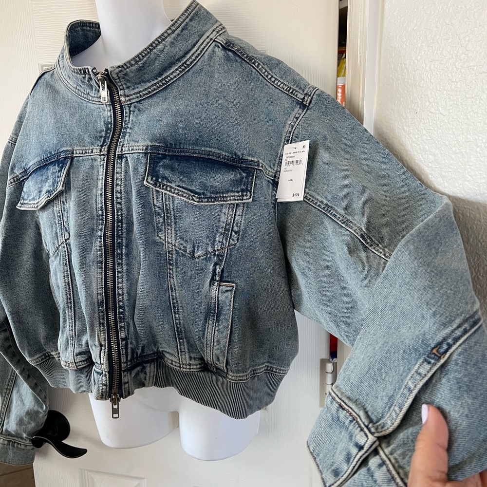 Good American Cropped Ribbed Trims Relaxed Fit Denim Jacket 2XL - Picture 6 of 14